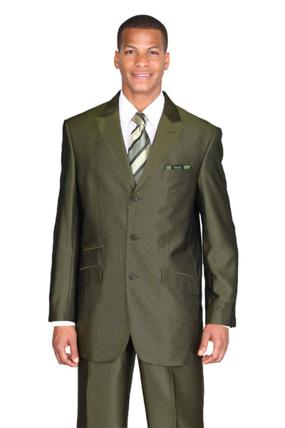 Mens 3 Button Classic Fit Tonal Sharkskin Peak Lapel Suit in Olive 1 58026-Olive-38R  - from alligatorwarehouse.com
