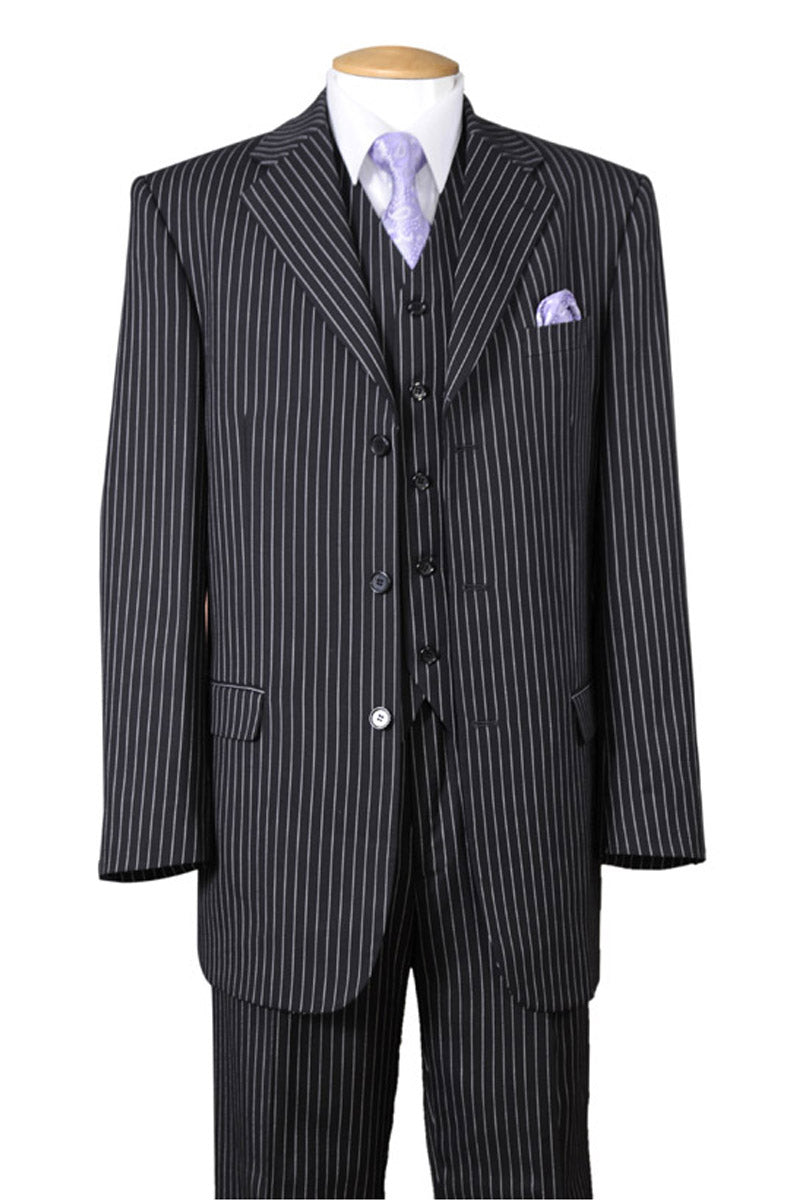 Mens Vested 3 Button 1920's Bold Gangster Chalk Pinstripe Suit in Black