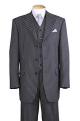 Mens Vested 3 Button 1920's Bold Gangster Chalk Pinstripe Suit in Charcoal