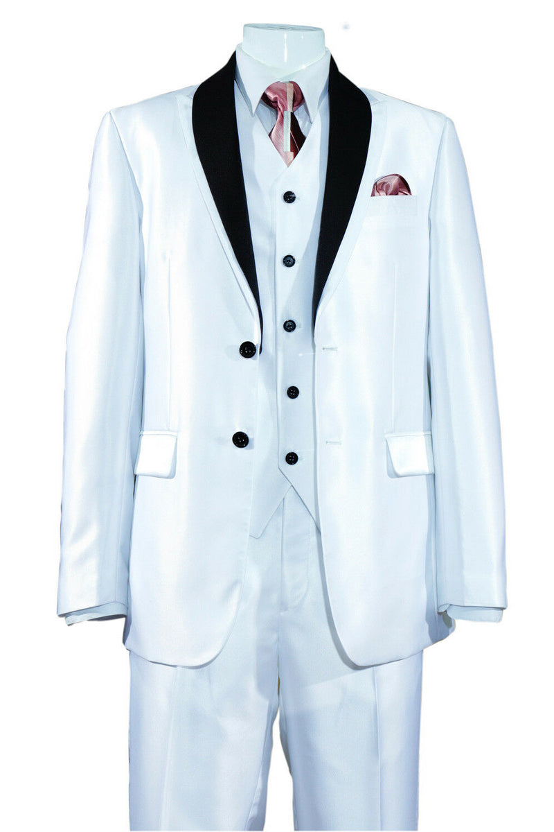 Mens 2 Button Vested Contrast Peak Lapel Sharkskin Tuxedo Suit in White