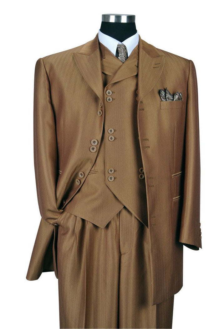 Mens Vested Peak Lapel Herringbone Ton on Ton Stripe Fashion Zoot Suit in Brown