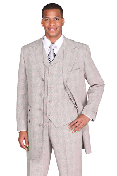 Mens 4 Button 3/4 Length Fashion Peak Lapel Vested Plaid Suit in Tan