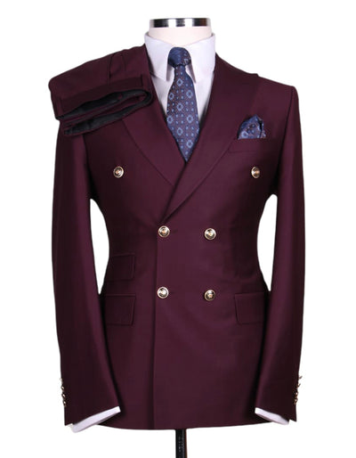 Designer Mens Double Breasted Gold Button Suit in Burgundy 1   - from alligatorwarehouse.com