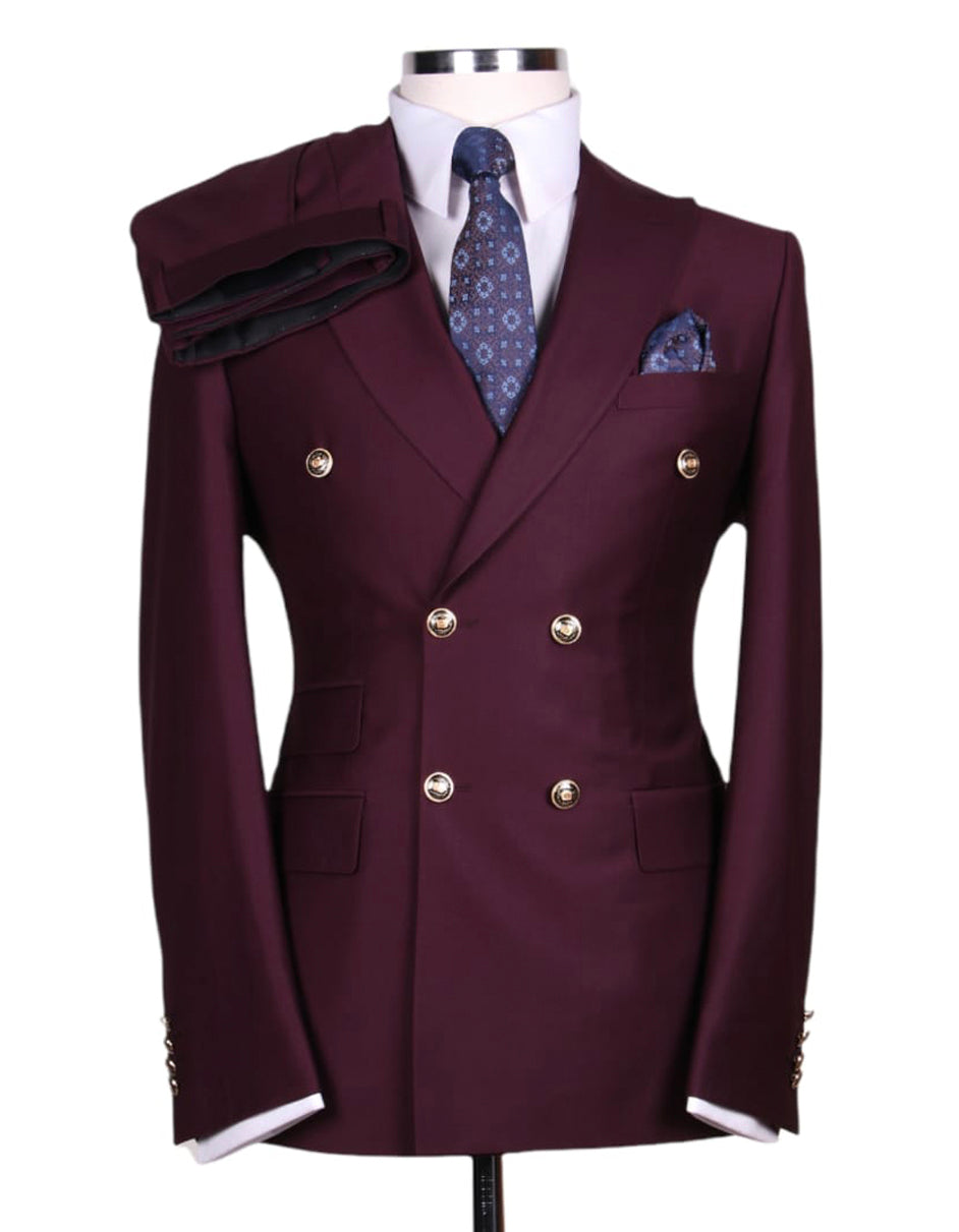 Designer Mens Double Breasted Gold Button Suit in Burgundy