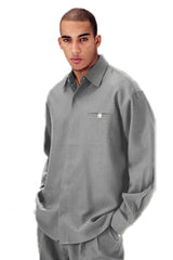 Mens Casual Long Sleeve French Front Leisure Set in Grey