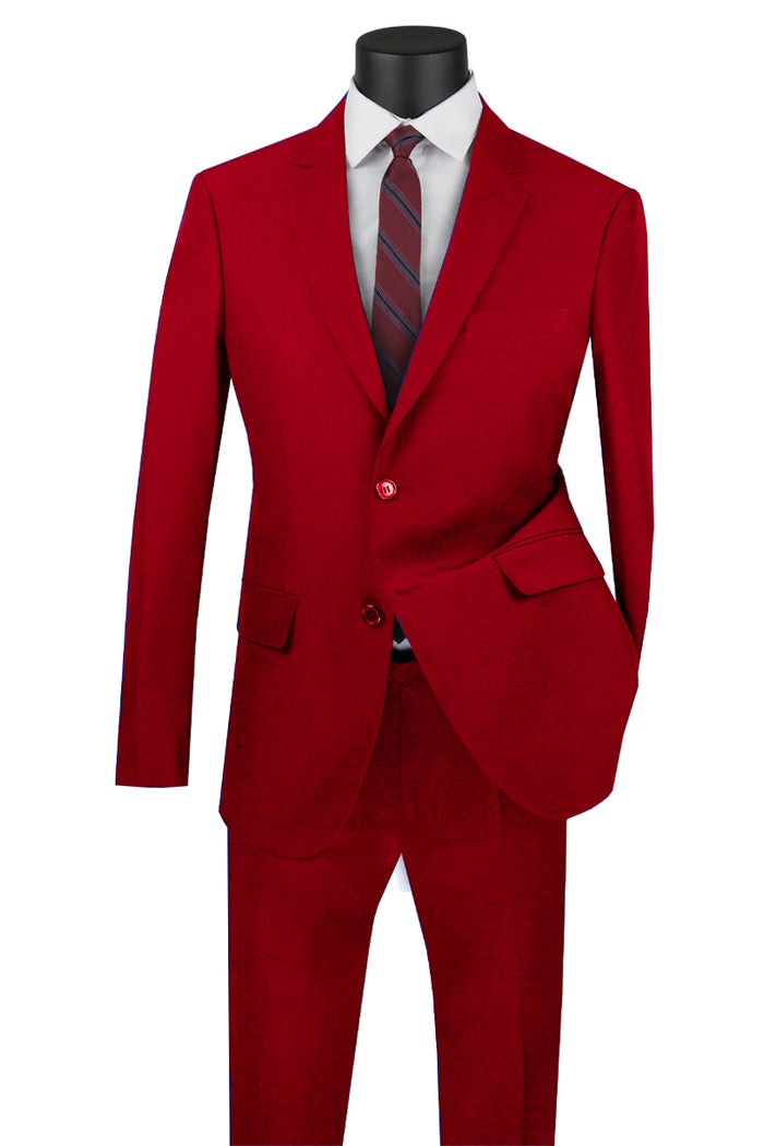 Mens Basic 2 Button Classic Fit Rayon Fabric Suit in Dark Red Light Burgundy