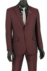 Mens 2 Button Slim Fit Textured Weave Suit in Burgundy