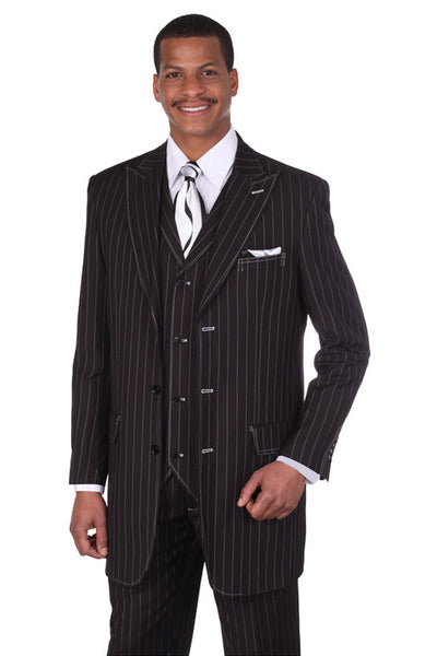 Mens 3 Button Vested Wide Peak Lapel 1920's Gangster Pinstripe Suit in Black/White 1 5903V-Black/White-38R  - from alligatorwarehouse.com