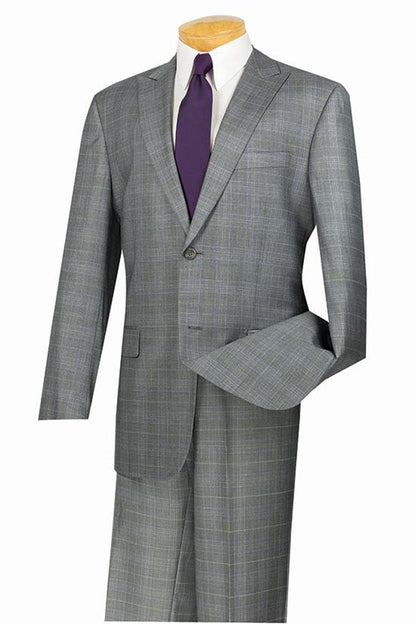Men’s Grey Plaid 2 Button Suit, Modern Fit Peak Lapel Formal Wedding Business Suit