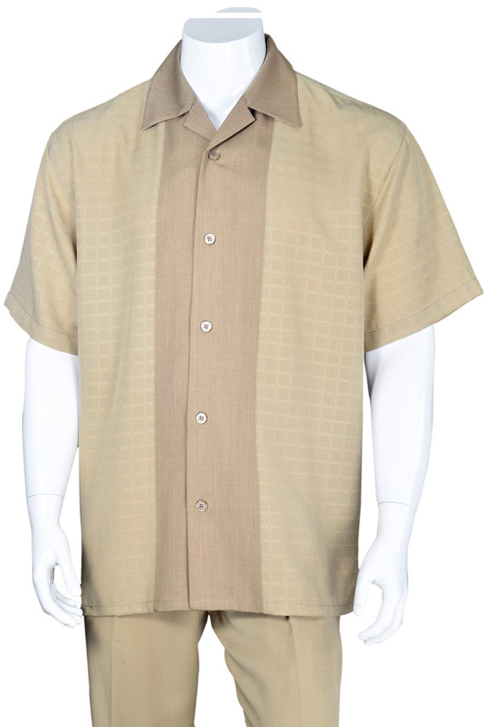 Mens Short Sleeve Tonal Windowpane Leisure Set in Khaki