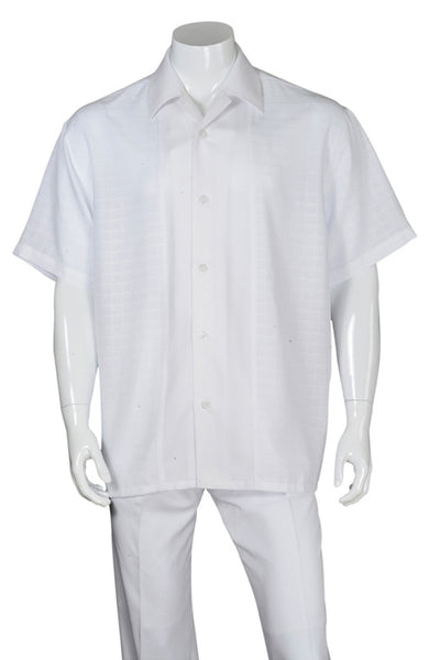 Mens Short Sleeve Tonal Windowpane Leisure Set in White