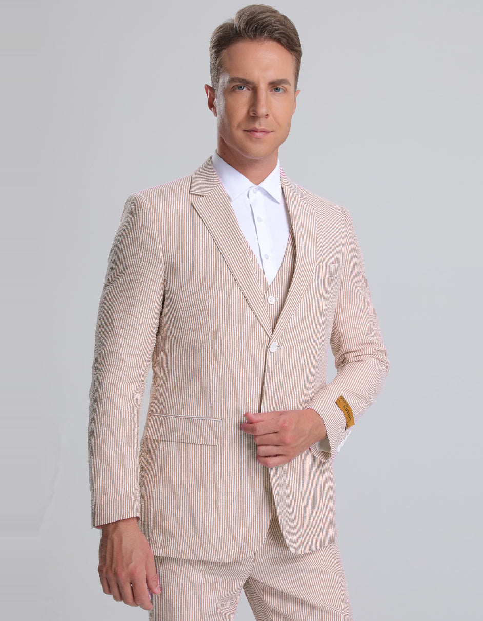 Mens Tan Pinstripe Vested Summer Seersucker Suit