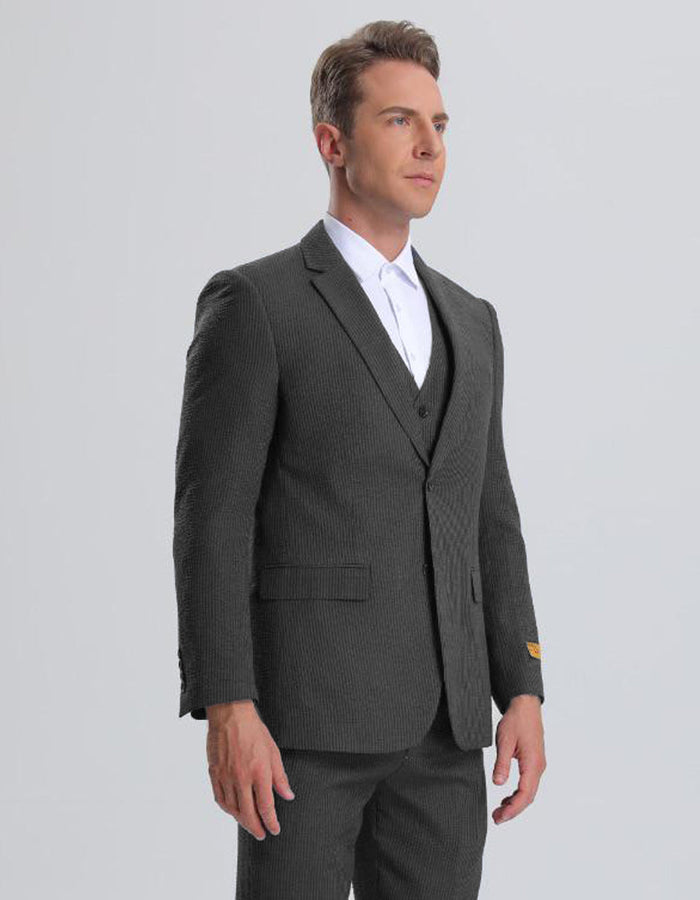 Mens Black on Black Pinstripe Jacket + Pants Summer Seersucker Suit