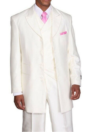 Mens Vested Wide Peak Lapel Ton on Ton Stripe Fashion Suit in Cream