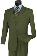 Mens Classic Fit Flat Front Vested Suit in Olive