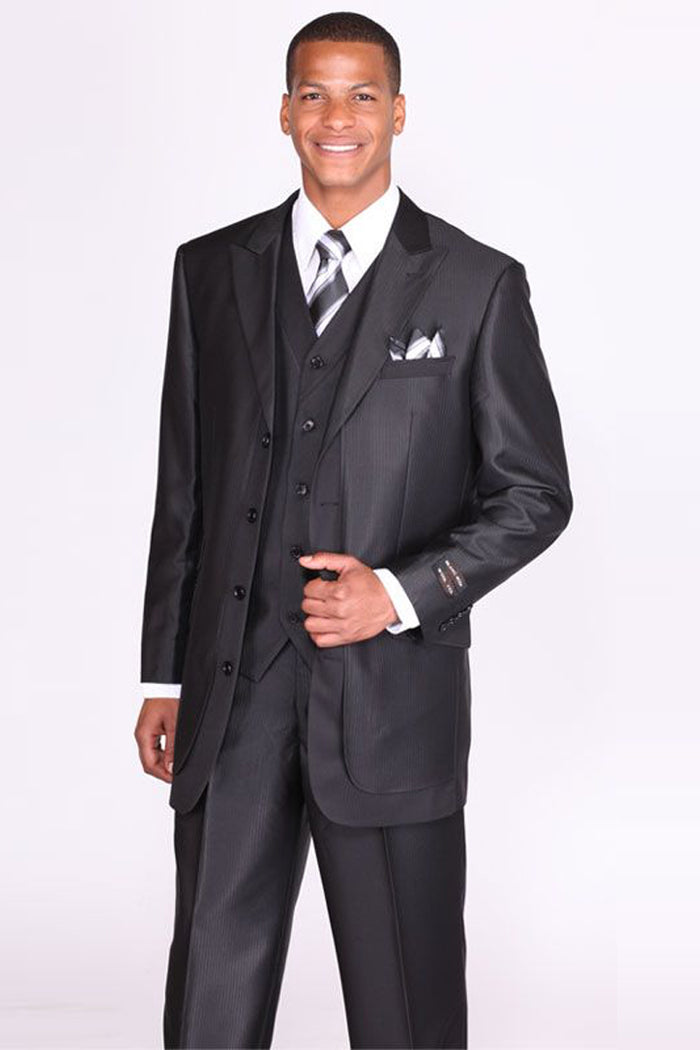 Mens 3 Button Tonal Sharkskin Peak Lapel Vested Fashion Suit in Black