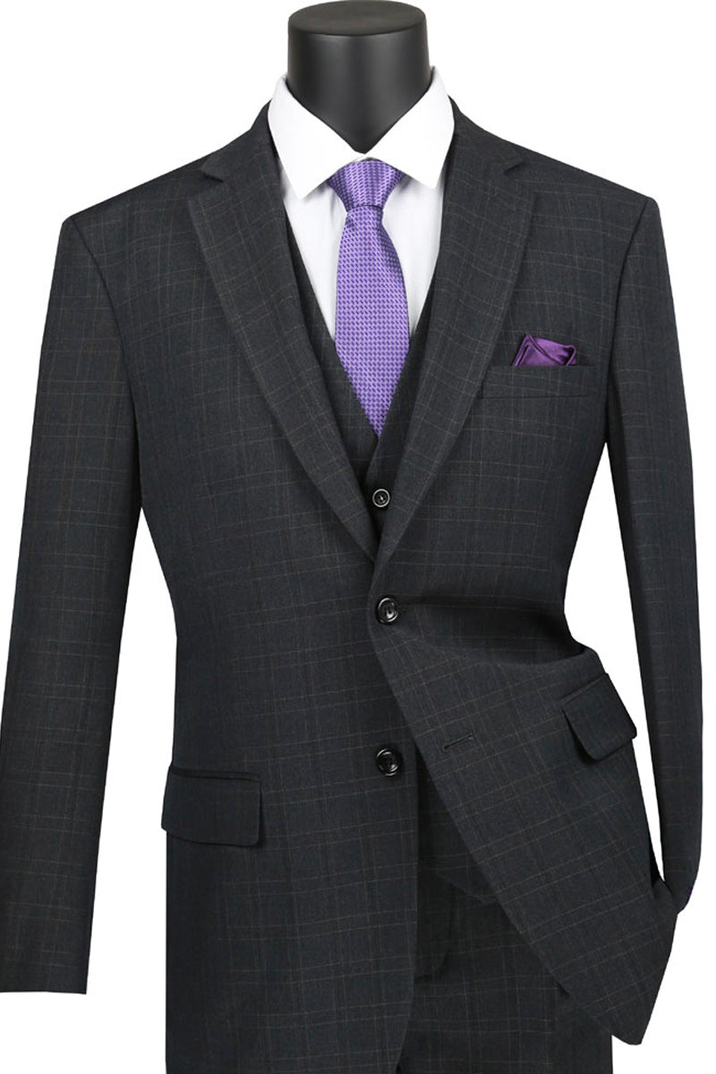 Mens Classic Fit Banker Plaid Vested Suit in Black