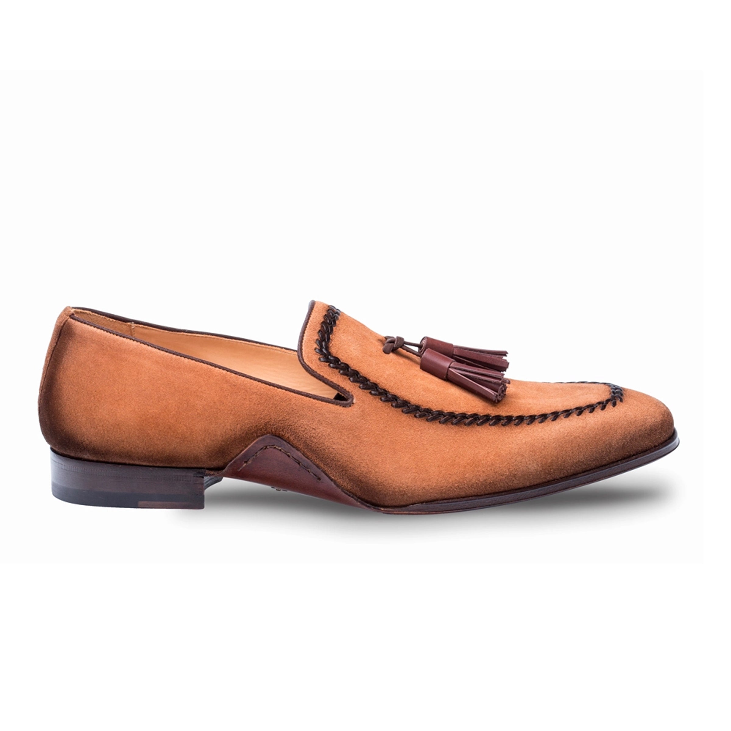 Mens Mezlan Plazza Suede & Calfskin Tassel Loafer Dress Shoe in Cognac