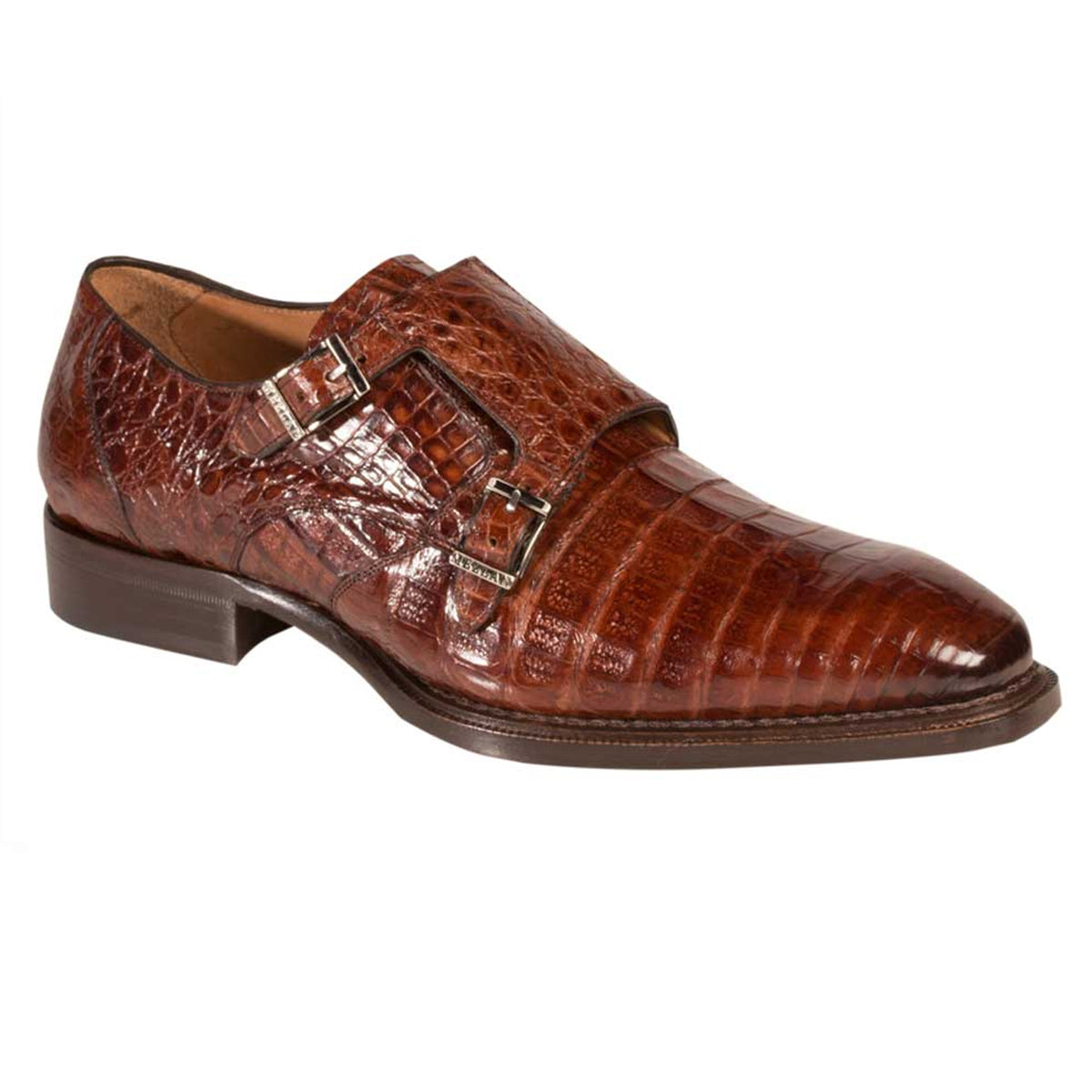 Mens Mezlan Prague Double Monk Strap Caiman Crocodile Dress Shoe in Cognac