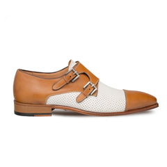 Mens Mezlan Saber Two Tone Calfskin Monk Strap Dress Shoe in Tan & Blue