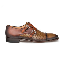 Mens Mezlan Saber Two Tone Calfskin Monk Strap Dress Shoe in Tan & Blue