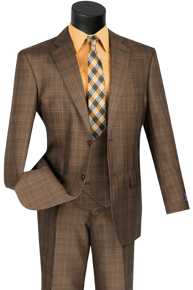 Mens Classic Fit Low Cut Vest Glen Plaid Suit in Chestnut
