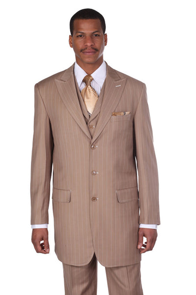 Mens 3 Button Vested Wide Peak Lapel 1920's Gangster Pinstripe Suit in Tan 1 5903V-Tan-38R  - from alligatorwarehouse.com
