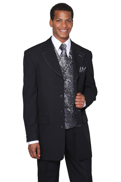 Mens 3/4 Length 4 button Contrast Stitching Suit with Paisley Vest in Black/Grey 1 6903V-Black/Grey-38R  - from alligatorwarehouse.com