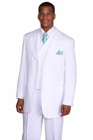 Mens Vested Wide Peak Lapel Ton on Ton Stripe Fashion Suit in White