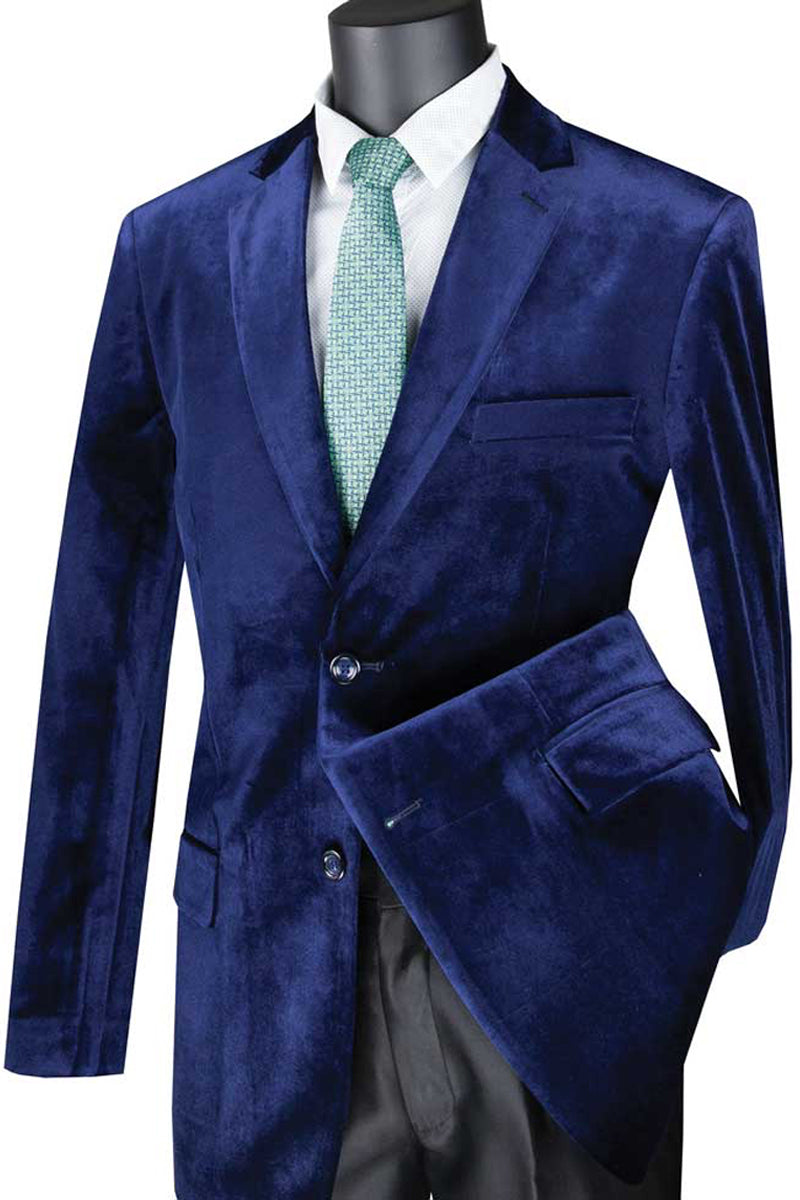 Mens Modern Fit 2 Button Velvet Blazer in Sapphire