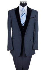 Mens Vested 2 Button Suit with Black Velvet Collar and Vest in Navy