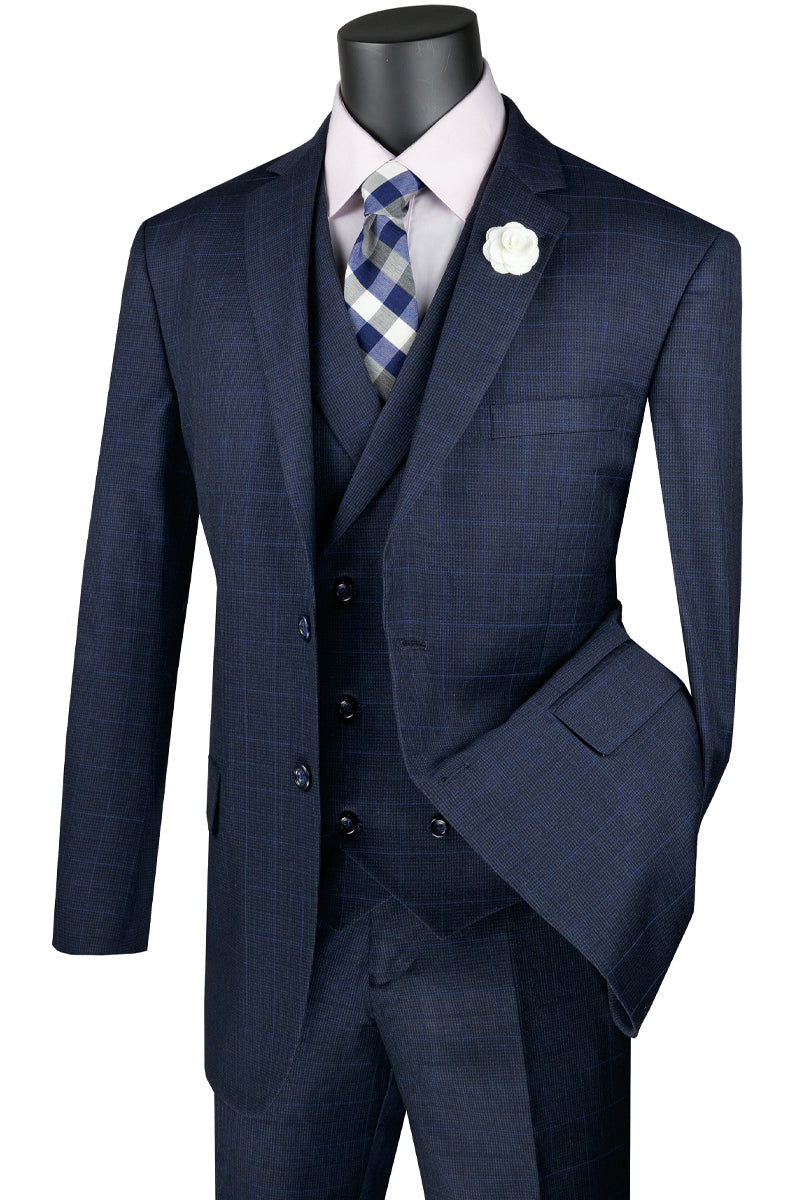 Mens 2 Button Double Breasted Vest Plaid Suit in Navy