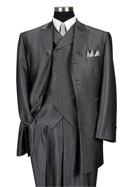 Mens Vested Peak Lapel Herringbone Ton on Ton Stripe Fashion Zoot Suit in Grey