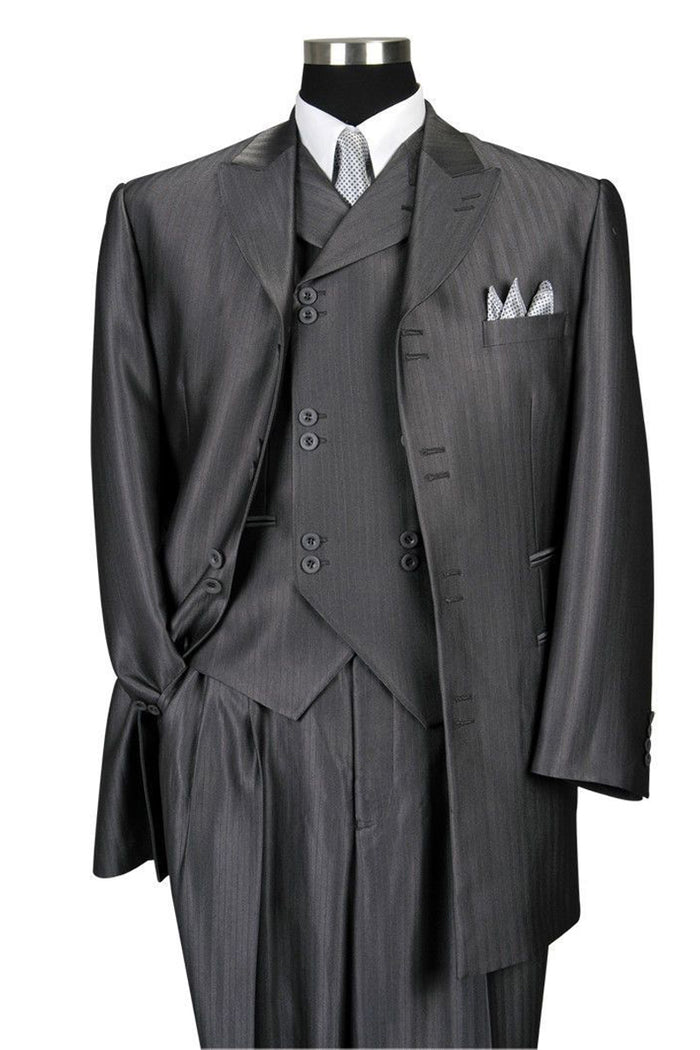 Mens Vested Peak Lapel Herringbone Ton on Ton Stripe Fashion Zoot Suit in Grey