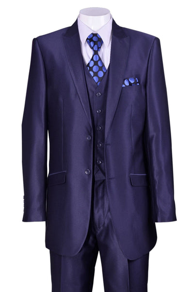 Mens 2 Button Vested Peak Lapel Shiny Sharkskin Suit in Navy 1 5702V2 -Navy-38R  - from alligatorwarehouse.com