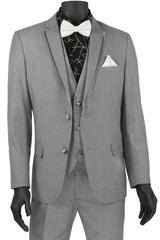 Mens Slim Vested Tuxedo Suit with Satin Trim in Light Grey