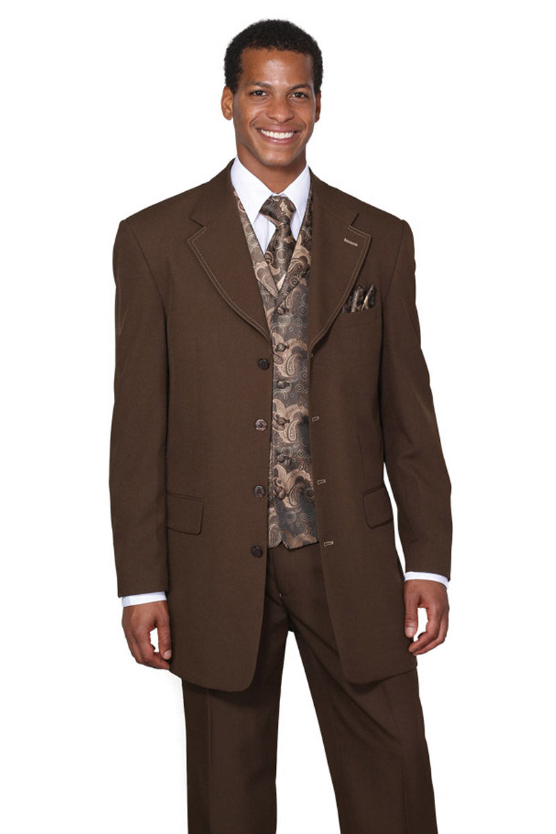 Mens 3/4 Length 4 button Contrast Stitching Suit with Paisley Vest in Brown