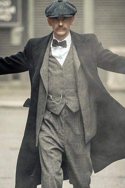 Mens Peaky Blinders Costume Arthur Shelby Vested Grey Suit with Black Overcoat & Hat 1   - from alligatorwarehouse.com