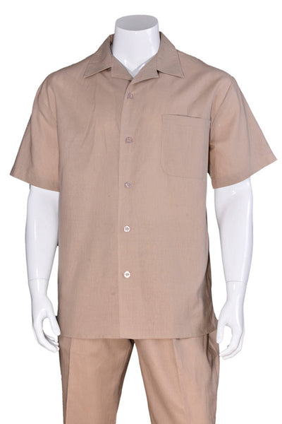 Mens Short Sleeve 100% Linen Casual Leisure Set Walking Suit in Khaki 1 2806L-Khaki -S  - from alligatorwarehouse.com