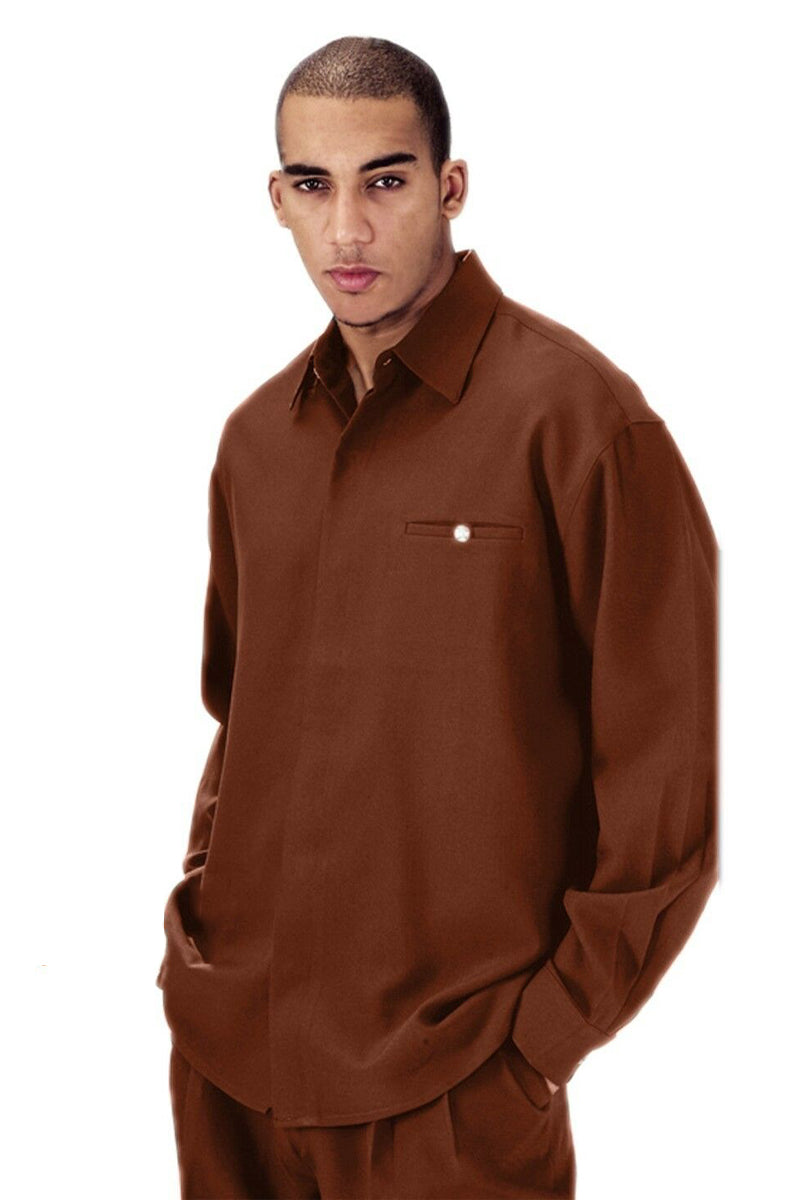 Mens Casual Long Sleeve French Front Leisure Set in Brown