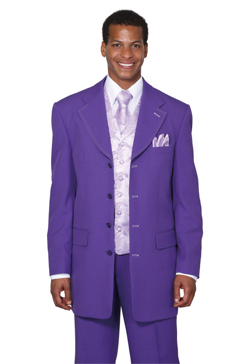 Mens 3/4 Length 4 button Contrast Stitching Suit with Paisley Vest in Purple