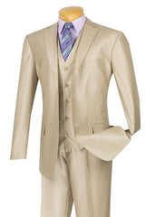 Mens Classic Vested Shiny Sharkskin Suit in Beige