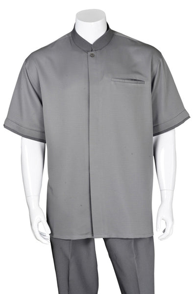 Mens Short Sleeve Banded Mandarin Collar Walking Suit in Grey