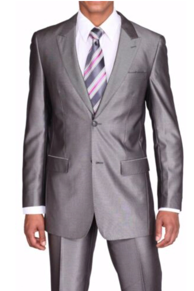 Mens 2 Button Peak Lapel Shiny Sharkskin Suit in Charcoal