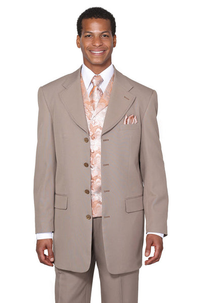 Mens 3/4 Length 4 button Contrast Stitching Suit with Paisley Vest in Tan 1 6903V-Tan-38R  - from alligatorwarehouse.com