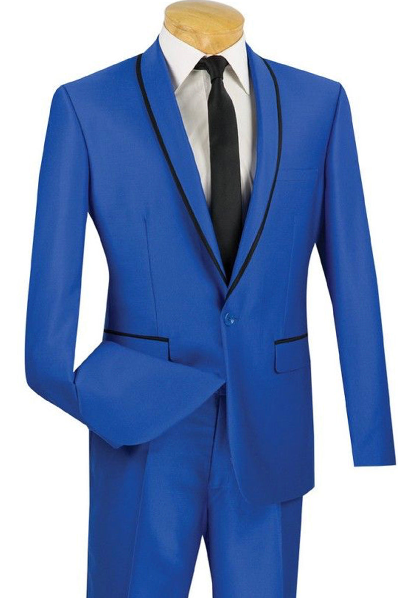 Mens One Button Shawl Tuxedo Suit With Trim in Royal