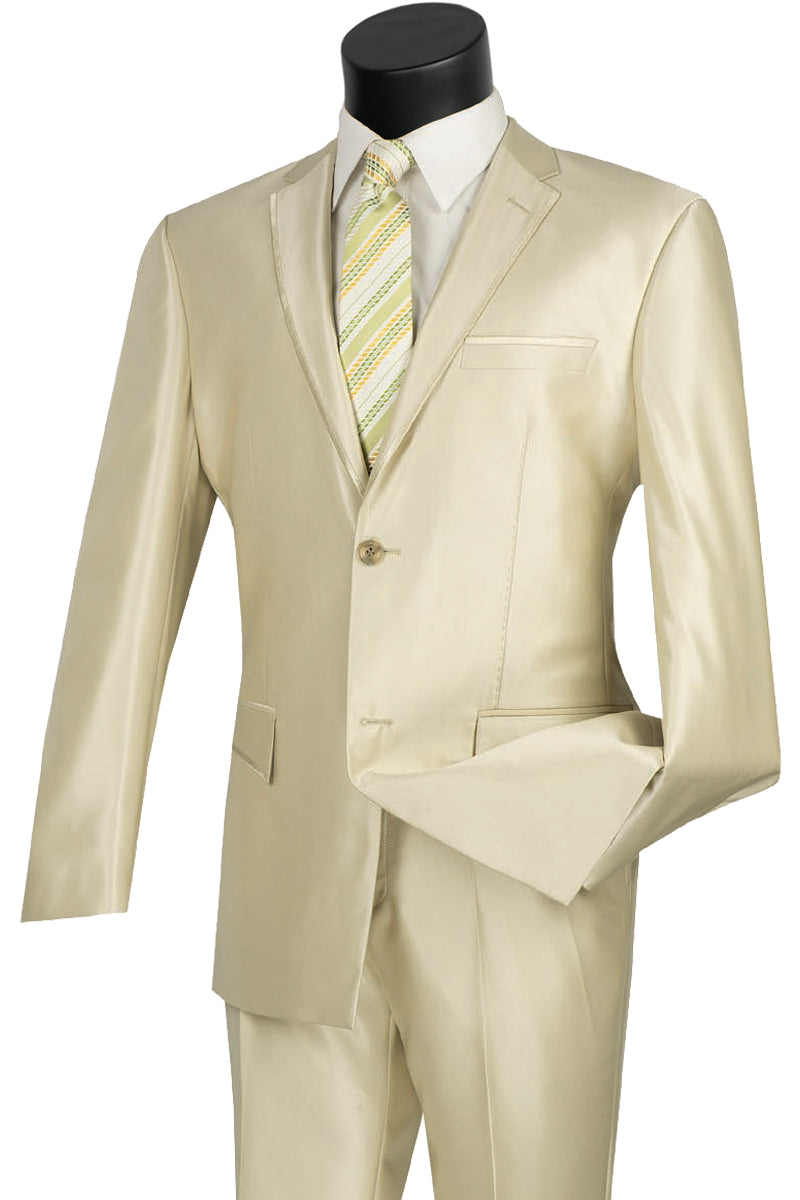 Mens Slim Fit Shiny Sharkskin Suit with Trim in Champagne