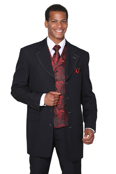 Mens 3/4 Length 4 button Contrast Stitching Suit with Paisley Vest in Black/Red 1 6903V-Black/Red-38R  - from alligatorwarehouse.com