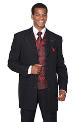 Mens 3/4 Length 4 button Contrast Stitching Suit with Paisley Vest in Black/Red