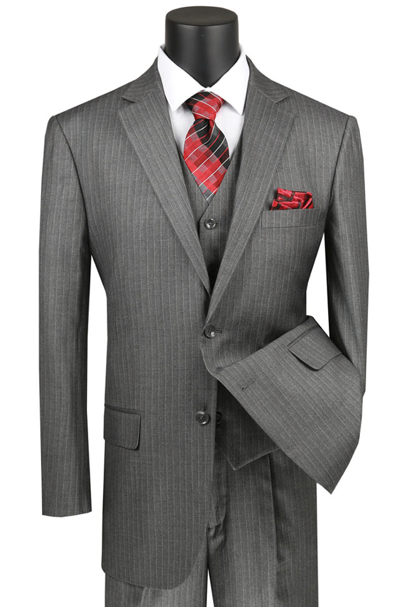 Mens Classic Vested Pinstripe Suit in Medium Grey